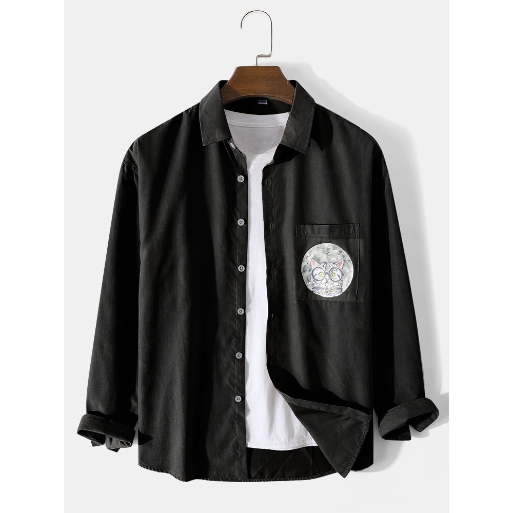 Mens Solid Color Cartoon Cat Pocket Lapel Cotton Long Sleeve Shirt - Khaki L