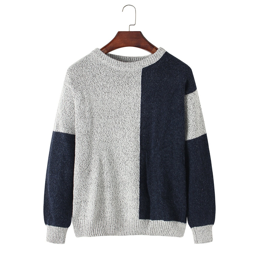 Mens Colorblock Long Sleeve Round Neck Pullover Knitting Sweaters - XL Dark Blue