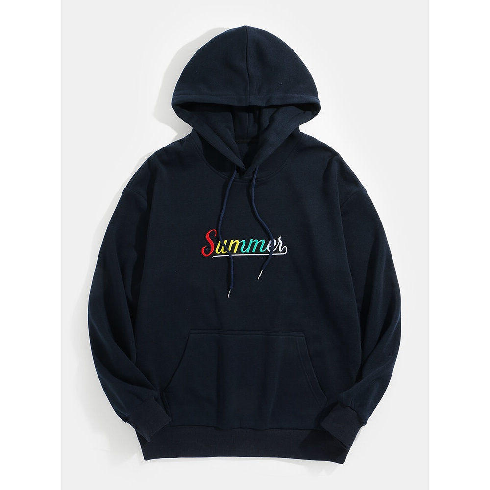 Mens Letter Embroidery Drawstring Hoodies With Kangaroo Pocket - Blue S