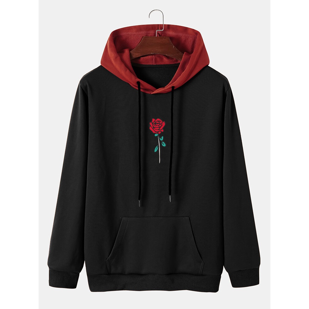 Mens Rose Pattern Splicing Drawstring Hooded Sweatshirt With Kangaroo Pocket - Black S