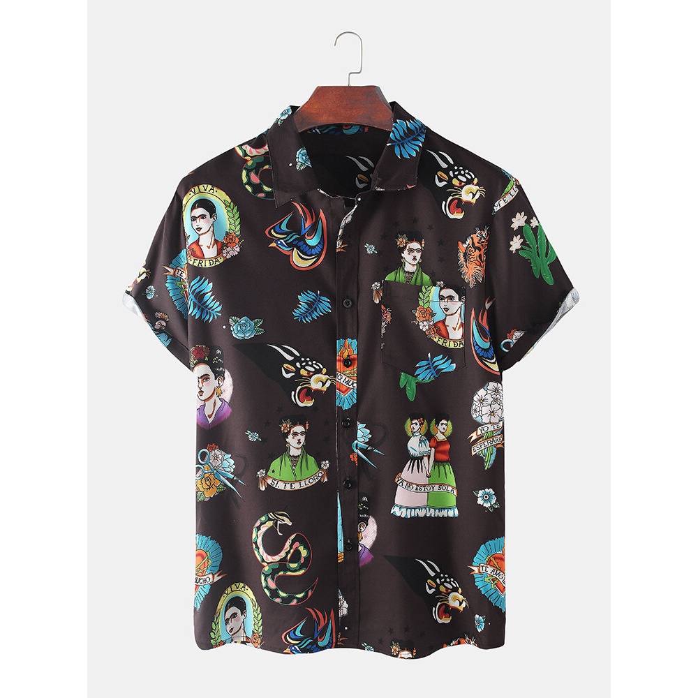 Mens Vintage Figure Print Short Sleeve Lapel Collar Chest Pocket Breathable Shirts - Coffee L