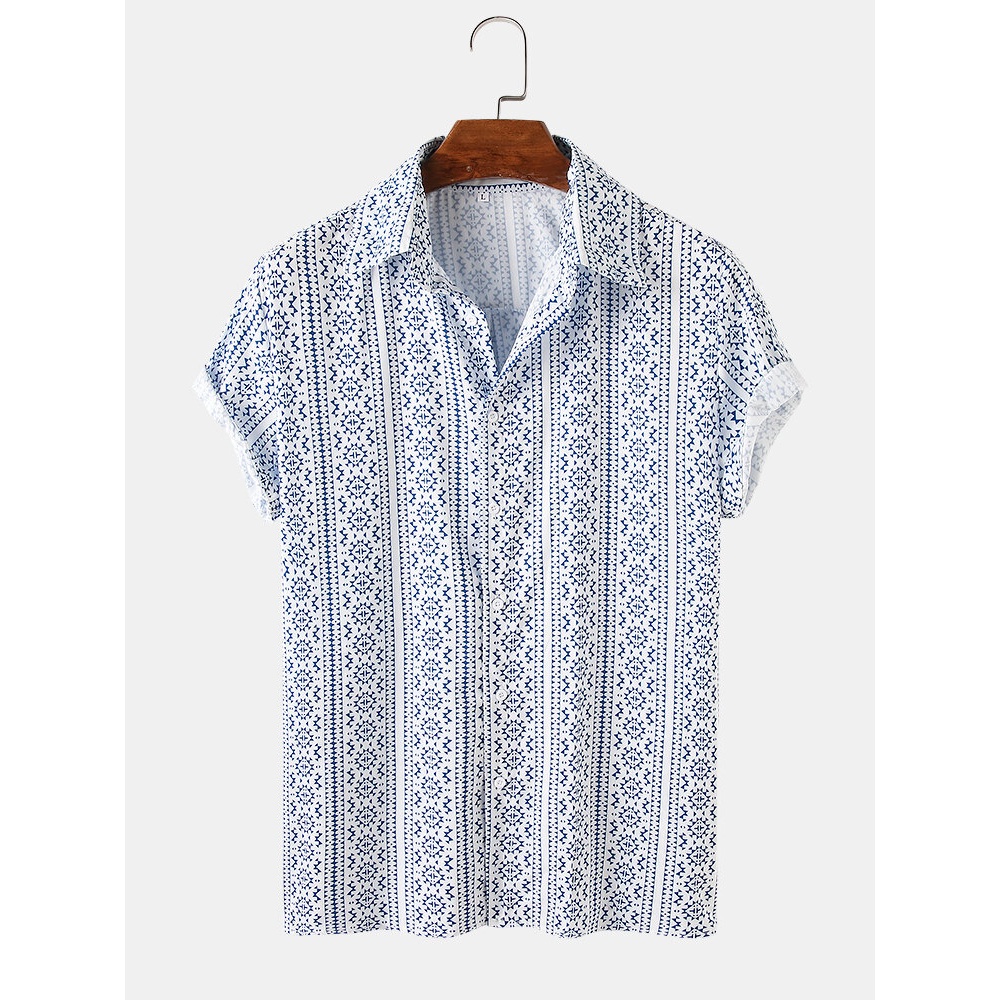 Mens Allover Ethnic Print Casual Loose Light Lapel Collar Short Sleeve Shirts - White M