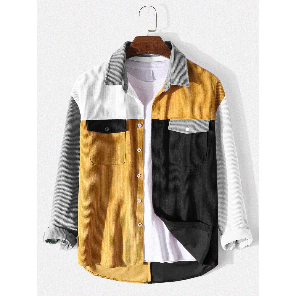 Mens Corduroy Panel Patchwork Button Up Casual Long Sleeve Shirts - Yellow S