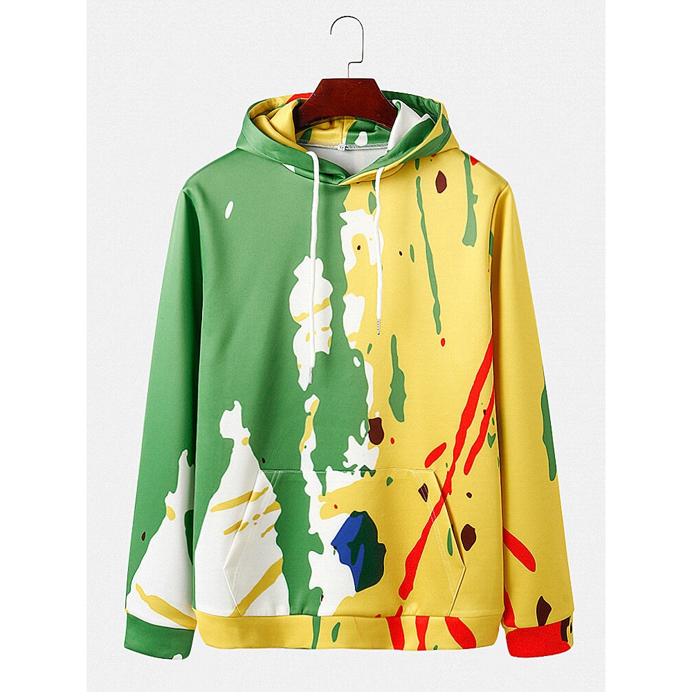 Mens Splash Ink Printing Print Long Sleeve Drop Shoulder Casual Hoodies With Pocket - Yellow XL