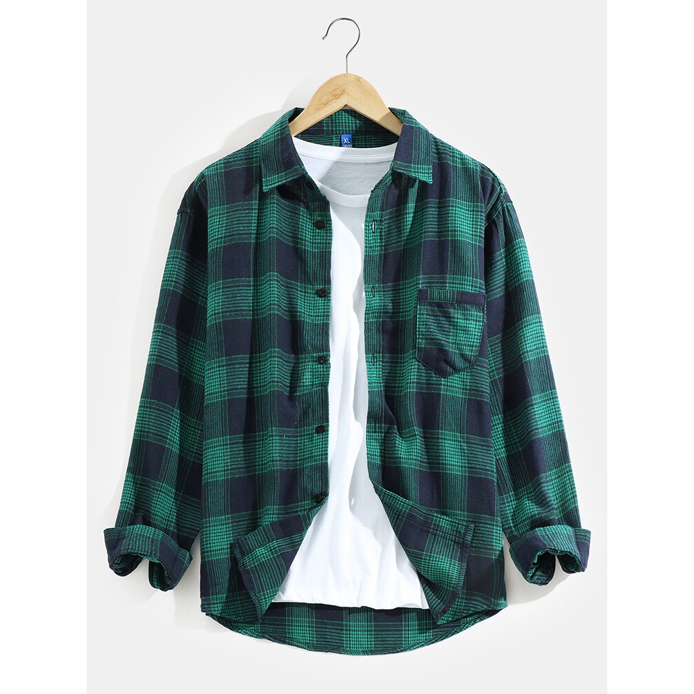 Mens Check Button Up Lapel Cotton Long Sleeve Shirts With Pocket - Green M