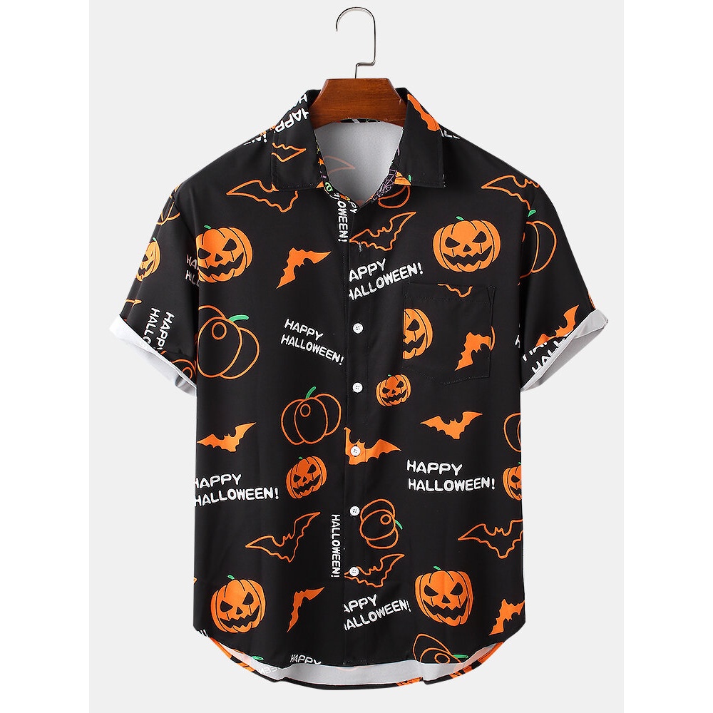 Mens Happy  Cartoon Print Short Sleeve Casual Shirts - Black XL