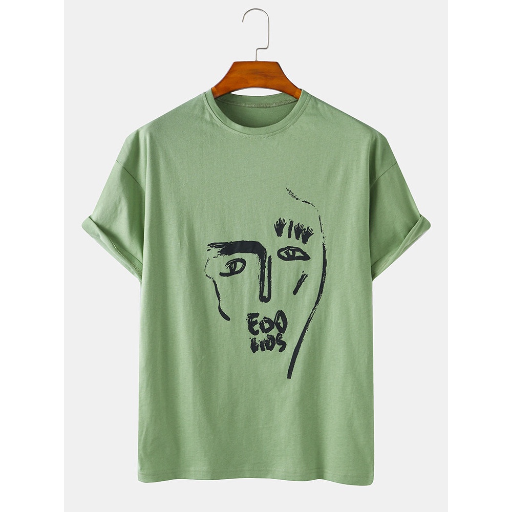 Graffiti Funny Face Round Neck Cotton Breathable Short Sleeve T-Shirts - Light Green M