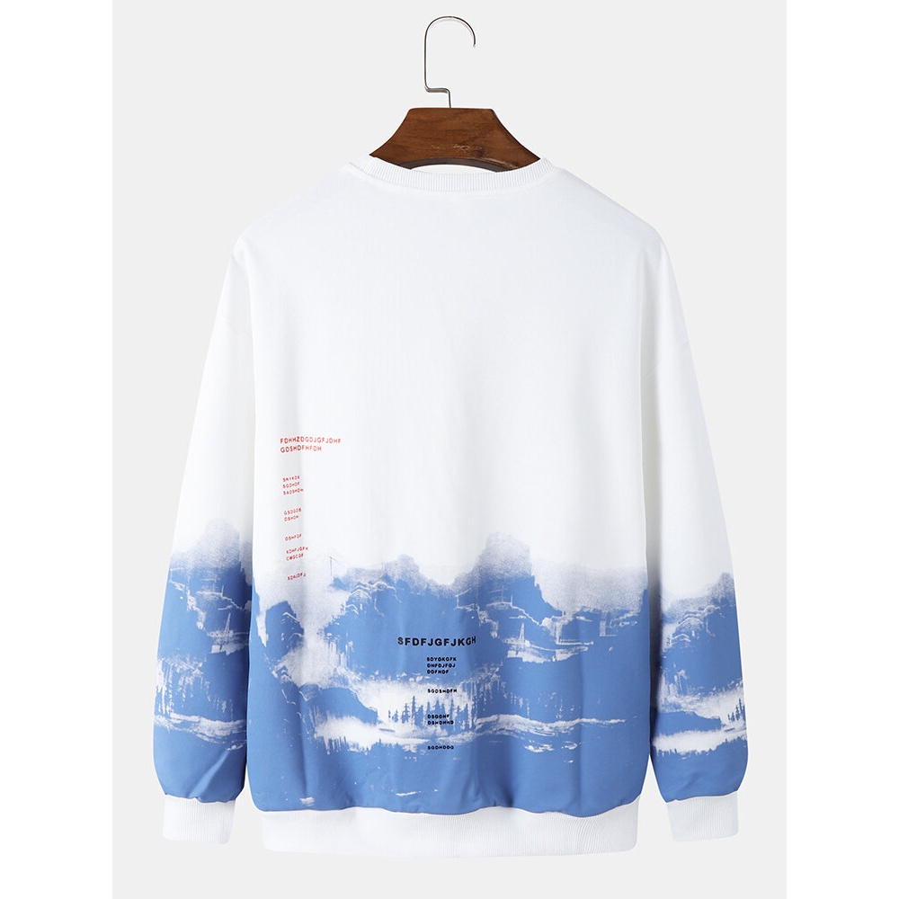 Men Landscape Pattern Patchwork Long Sleeve Pullover Sweatshirt - White M