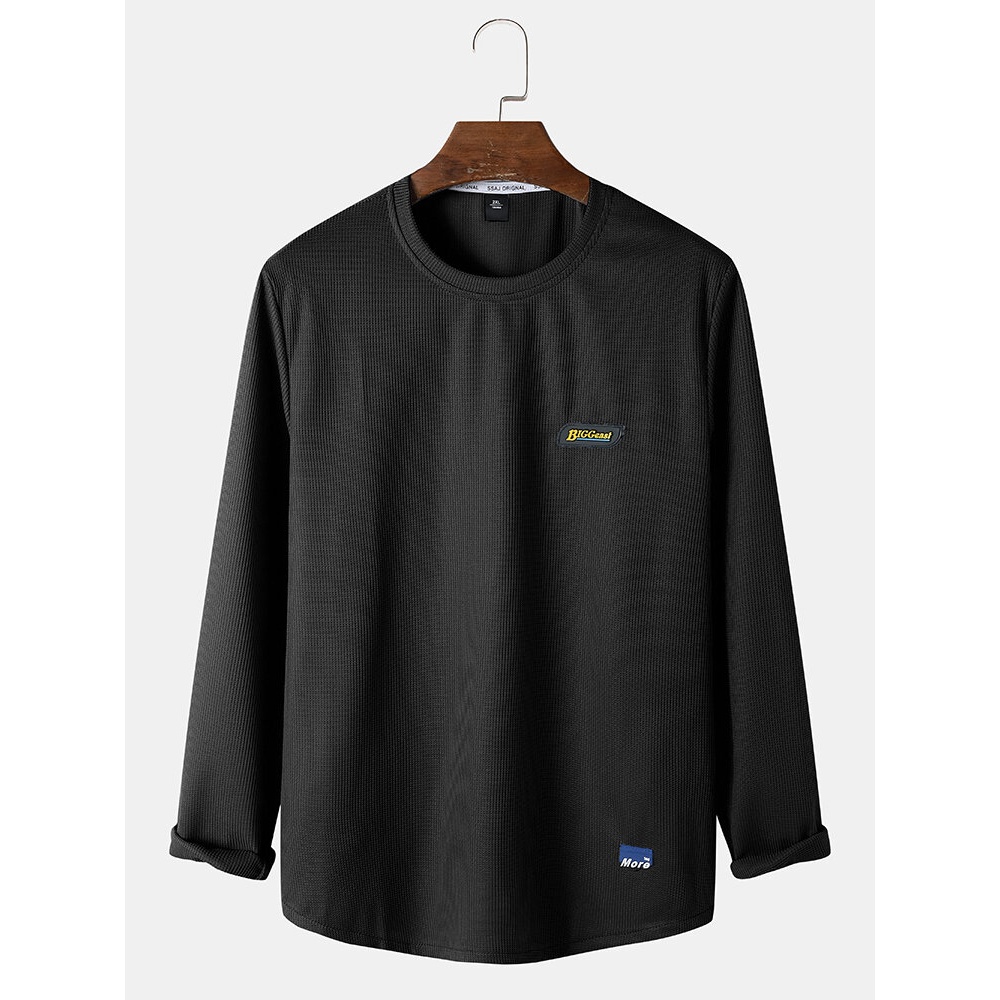 Men Cotton Simple Label Solid Long Sleeve Curved Hem T-Shirts - Black M