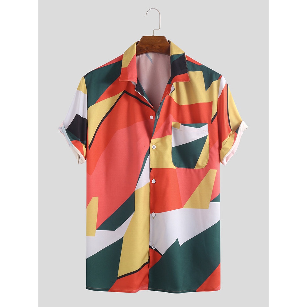 Mens Summer Colorblock Contrast Printed Casual Shirts - L Blue