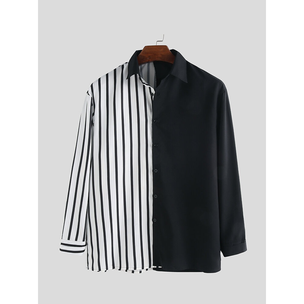 Men Stitching Pattern Black White Long Sleeve Fashion Shirts - 4XL Black