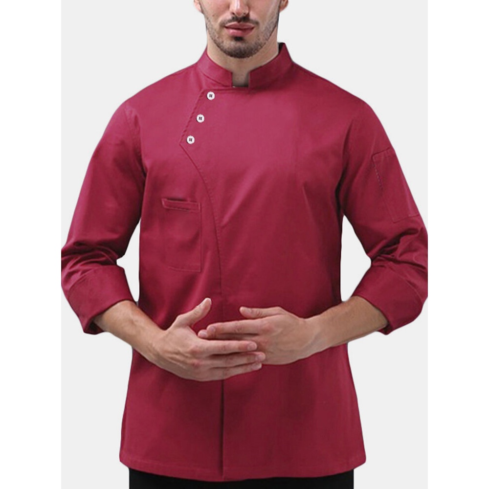 Mens Long Sleeve Solid Color Buttons Chef Workwear Shirts - 2XL Black