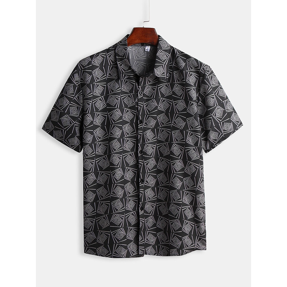 Mens Vinatge Abstract Printed Summer Casual Loose Shirts - XL Black