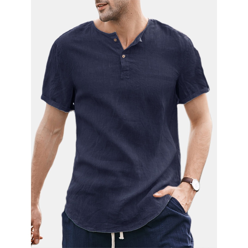 Men's Summer Linen V Neck Henley Tops Casual Fit Shirts Beach Yoga Button Shirts - S Navy