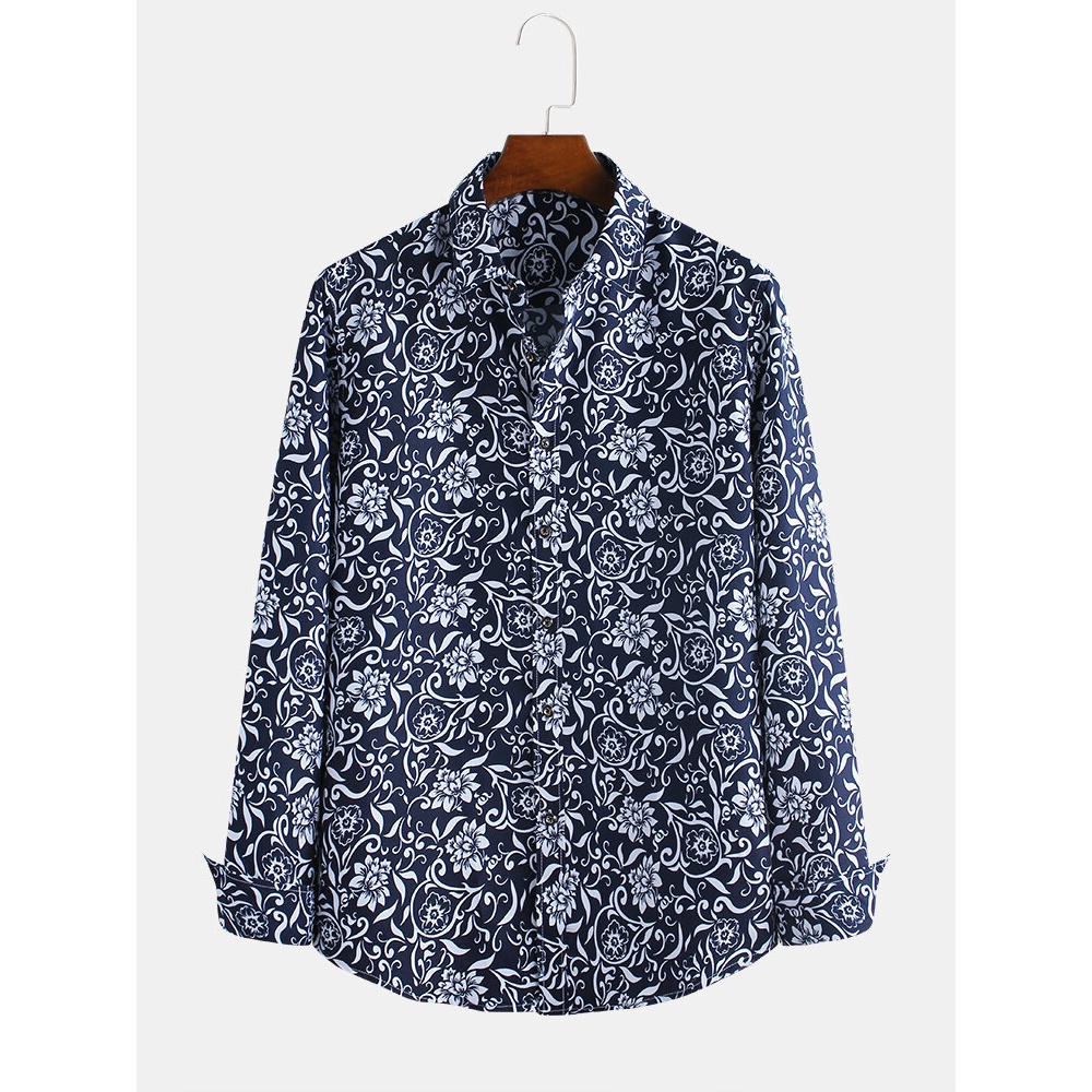 Men Floral Printed Retro Style Casual Long Sleeve Lapel Shirts - 2XL Black