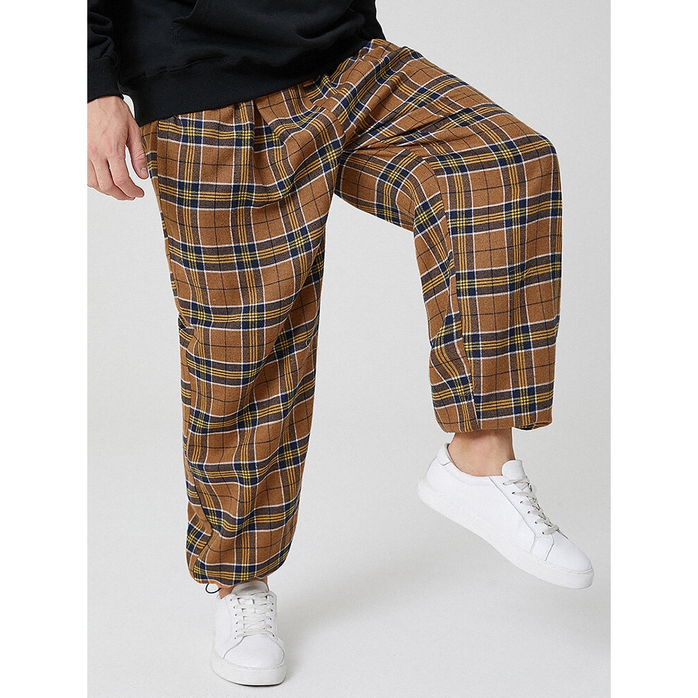 Mens Vintage Plaid Cotton Elastic Waist Drawstring Jogger Pants - Yellow S