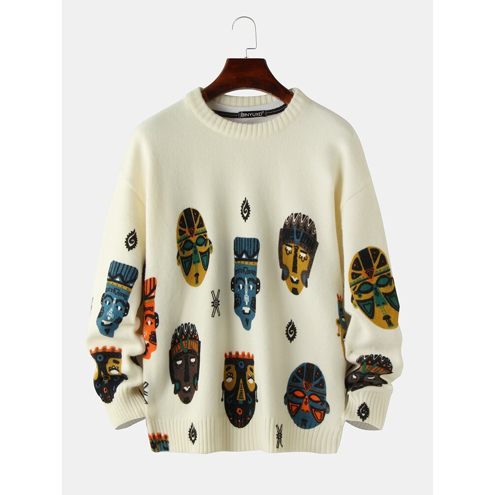 Mens Ethnic Figure Pattern Print Cotton Crew Neck Knitted Casual Pullover Sweater - L Blue