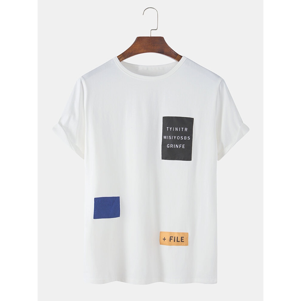 Mens Designer Sewing Letter Label Crew Neck Short Sleeve Casual T-Shirts - White M