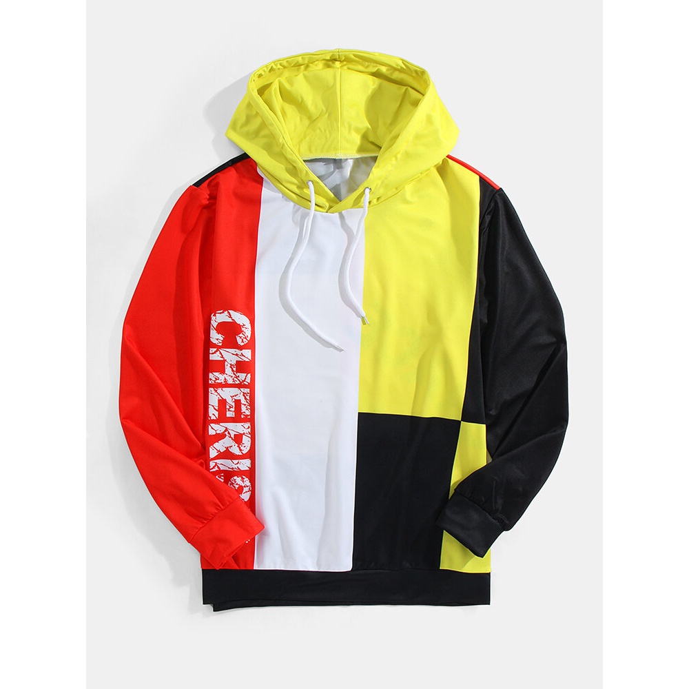 Mens Letter Print Block Patchwork Long Sleeve Casual Hoodies - Red XL