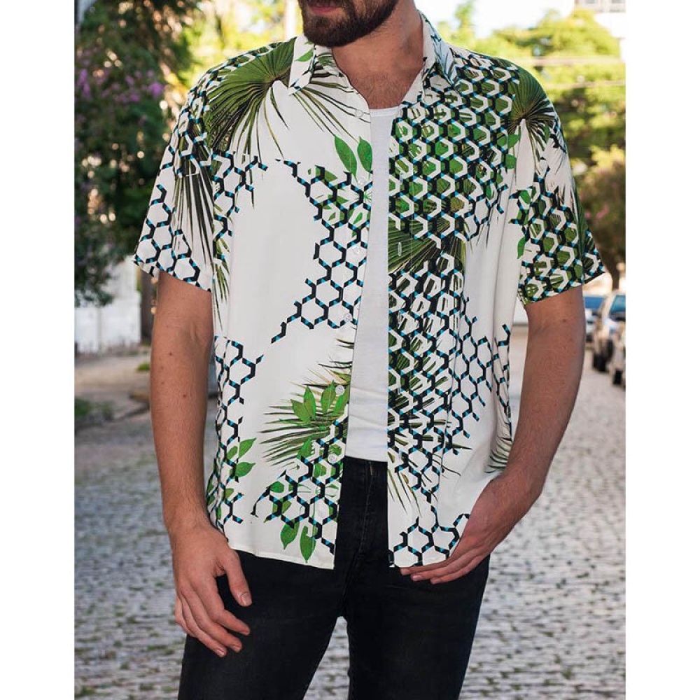 Mens Summer Hawaiian Shirts Short Sleeve Casual Fashion Printing Shirts - S White