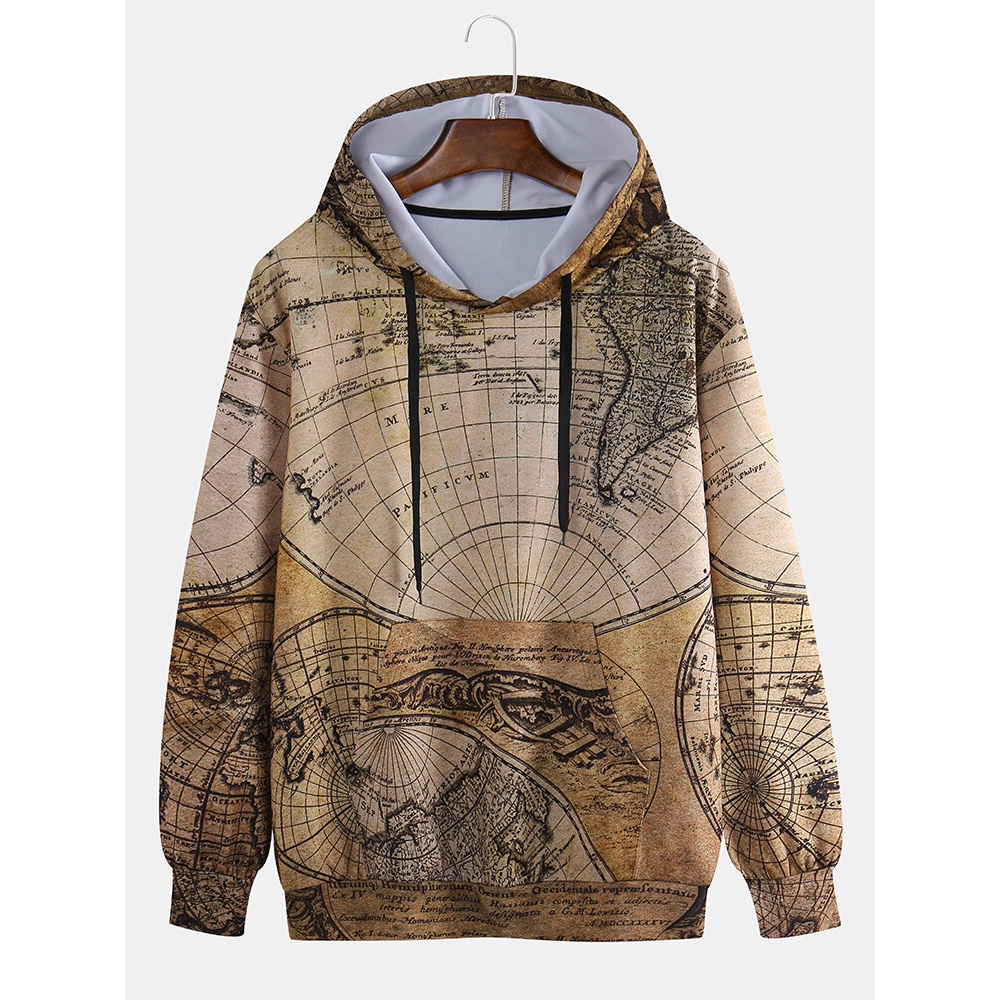 Mens Funny World Map Printing Hooded Long Sleeve Casual Sweatshirt - M Yellow