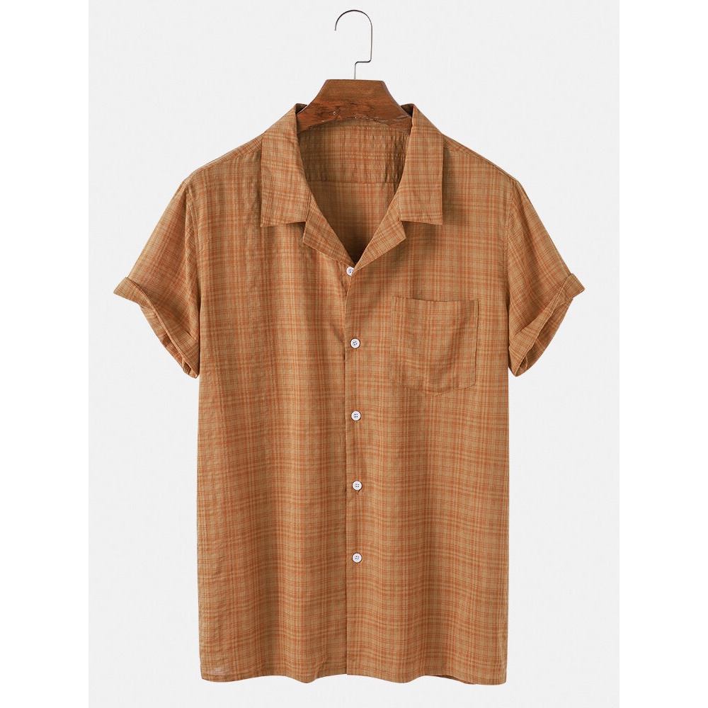 Cotton Casual Mens Plaid Chest Pocket Revere Collar Short Sleeve Shirts - Coffee S