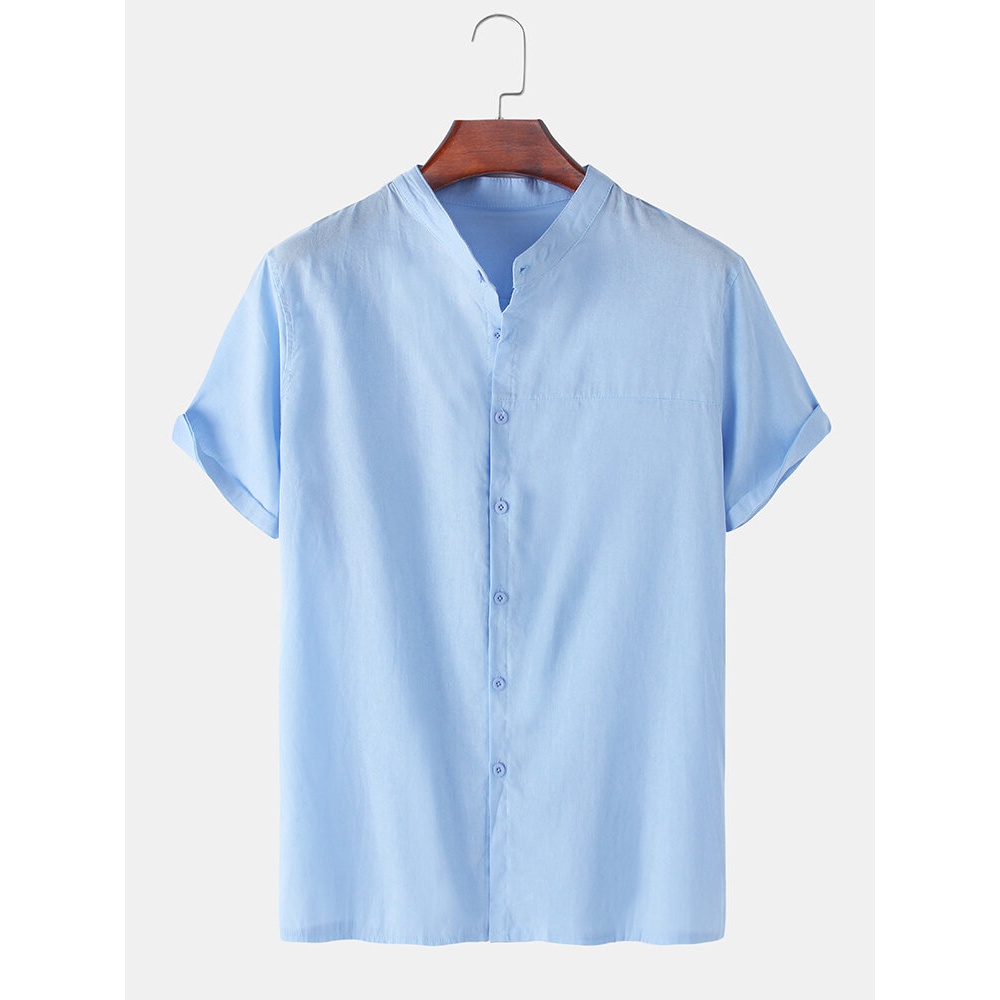 Mens Solid Color Cotton Linen Stand Collar Loose Casual Short Sleeve Shirts - White XL