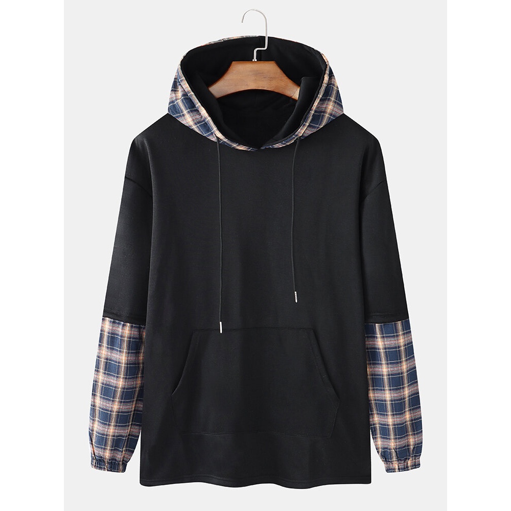 Mens Plaid Patchwork Faux Twinset Black Hoodies - Black L