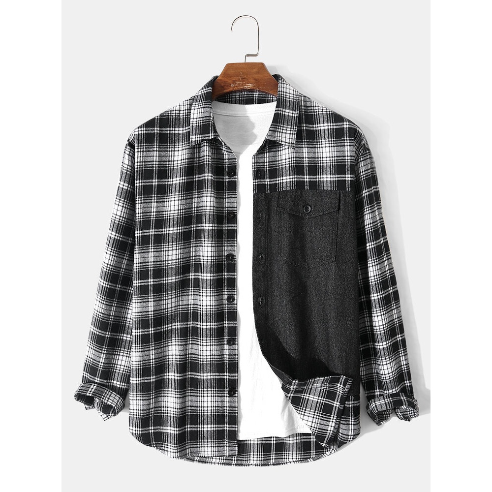 Men Denim Gingham Patchwork Button up Chest Pocket Casual Shirts - Black S