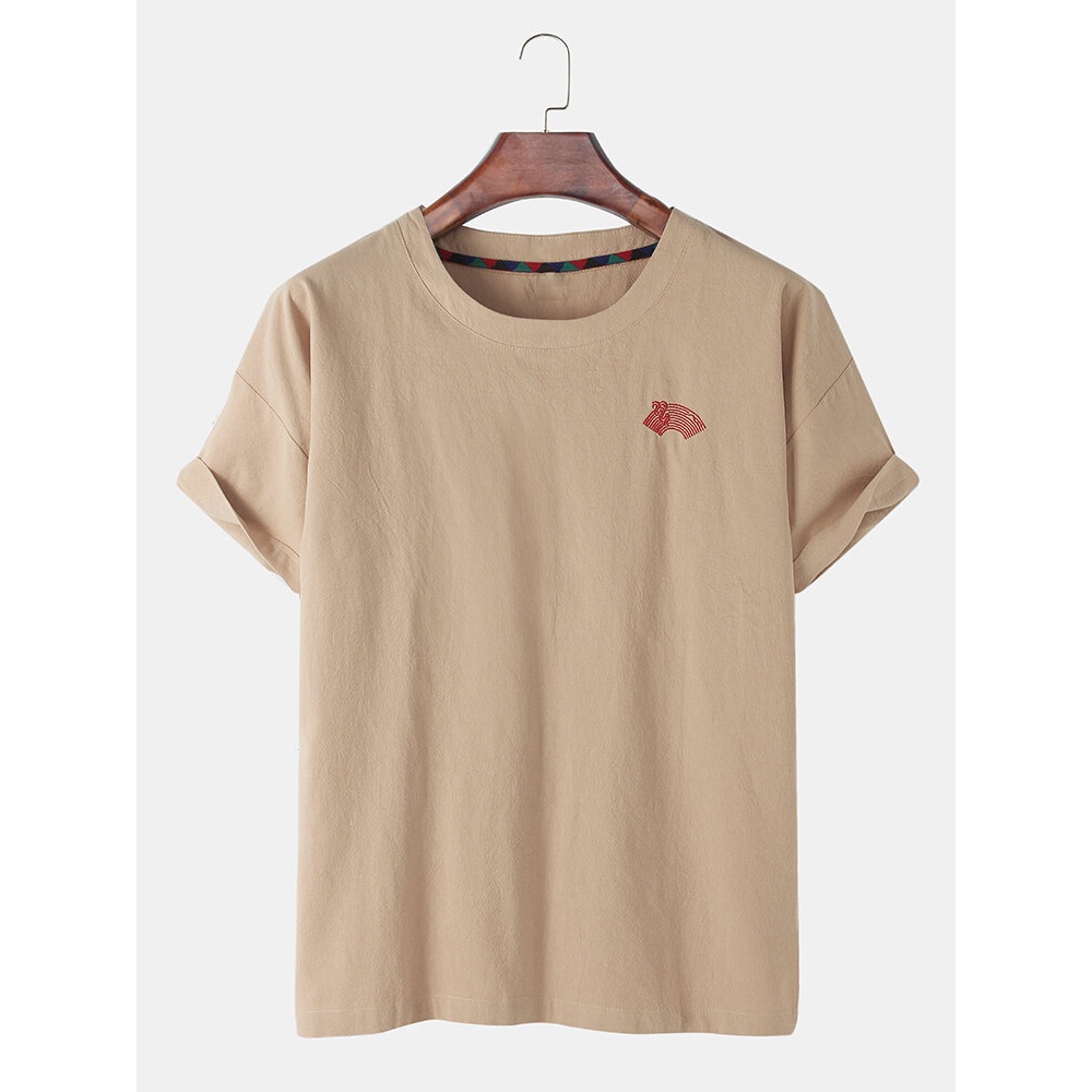 Ethnic Style Embroidery Round Neck Short Sleeve Loose T-Shirts - Black S