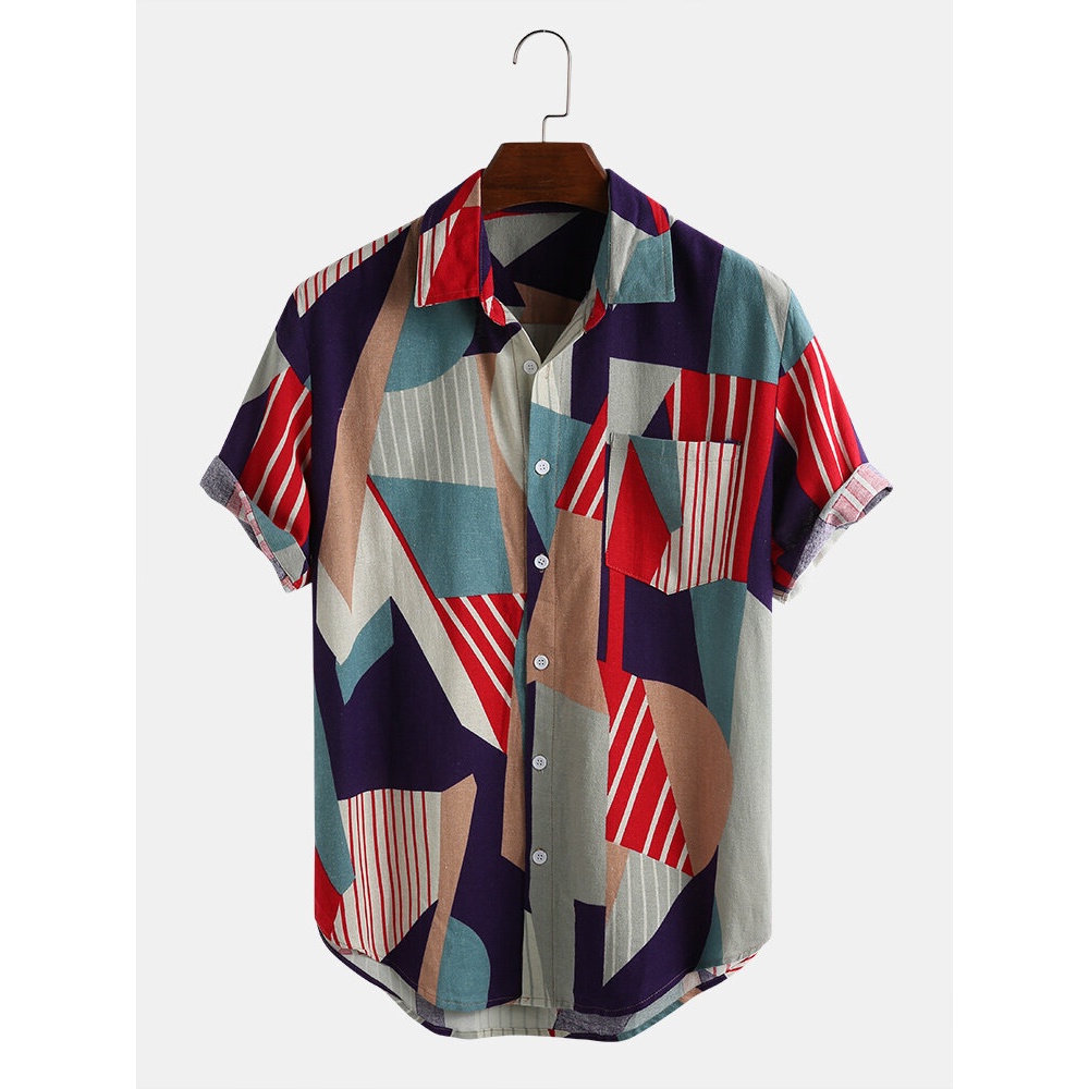 Men Cotton Colorful Geometry Print Short Sleeve Casual Holoday Shirts - 3XL Yellow