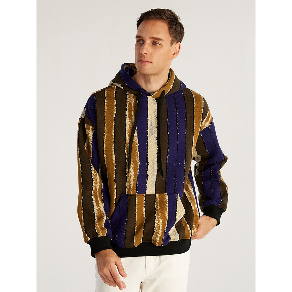 Mens 100% Cotton Vintage Striped Casual Hoodies With Pocket - Blue M