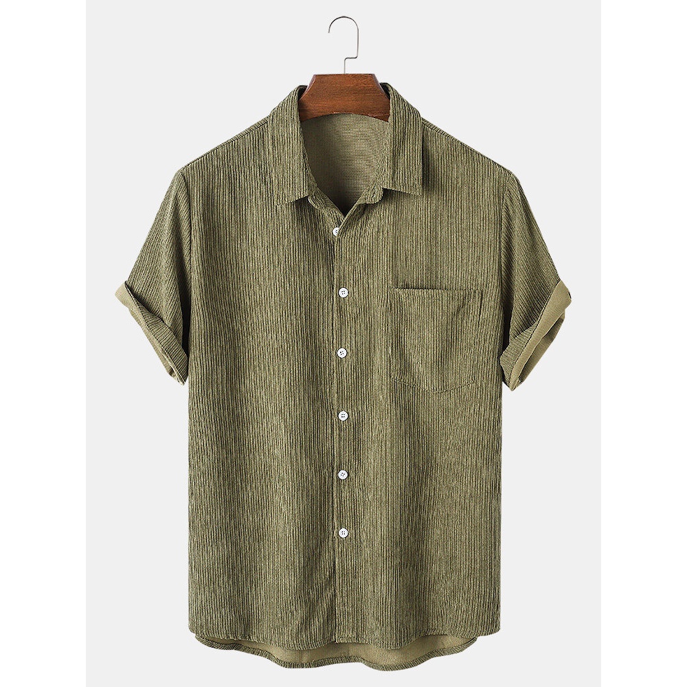 Mens Corduroy Solid Turn Down Collar Short Sleeve Shirts - Army Green S