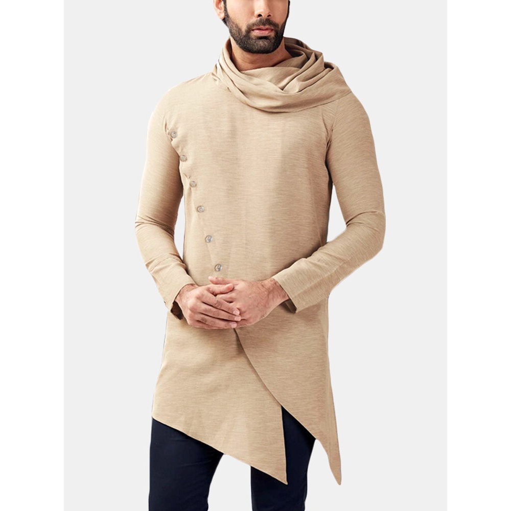 Mens Chinese Style Stacked Collar Long Sleeved Jacket Sweatshirt - 5XL Beige