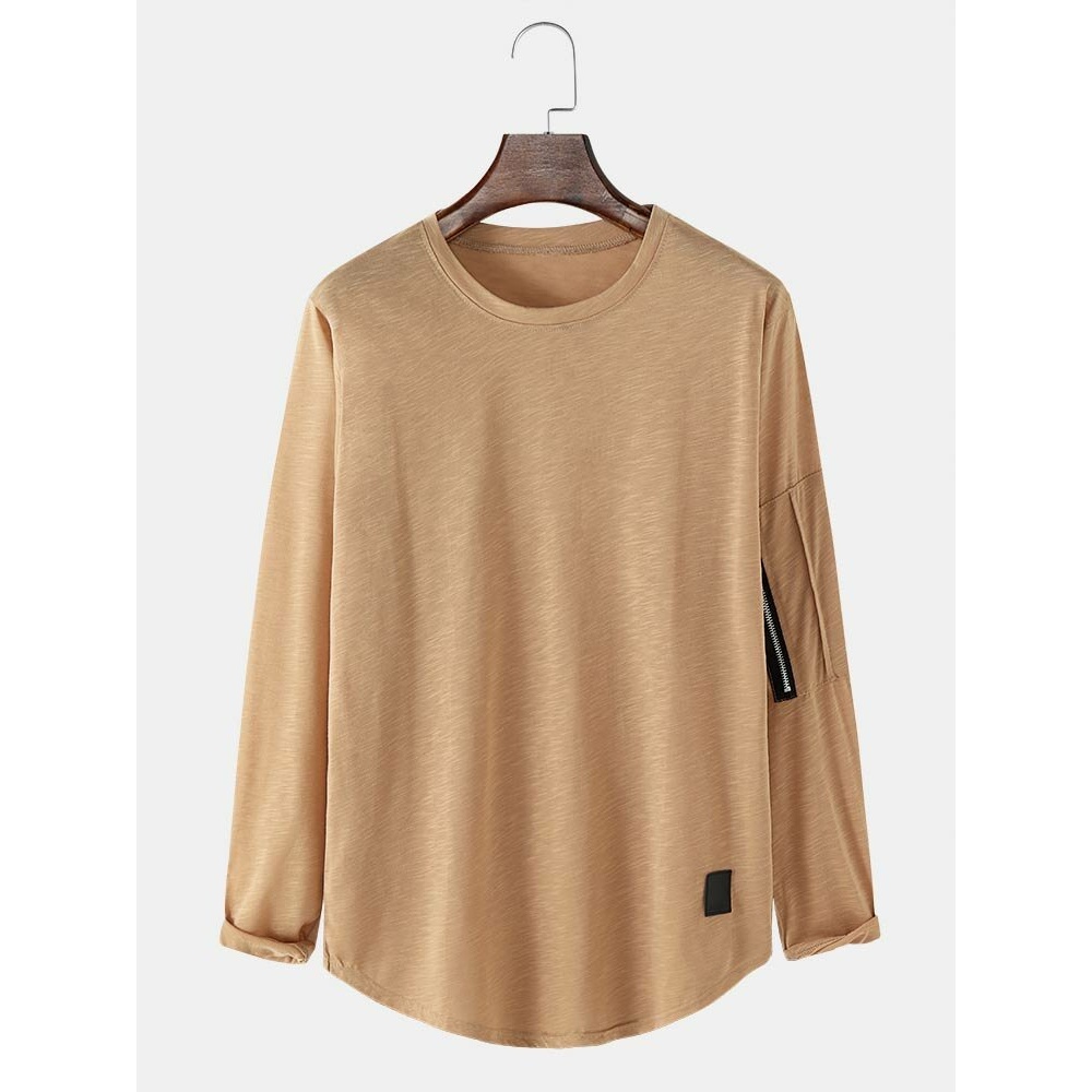 Mens Casual Simple Zipper Design Sleeve Round Neck T-Shirt - Khaki L