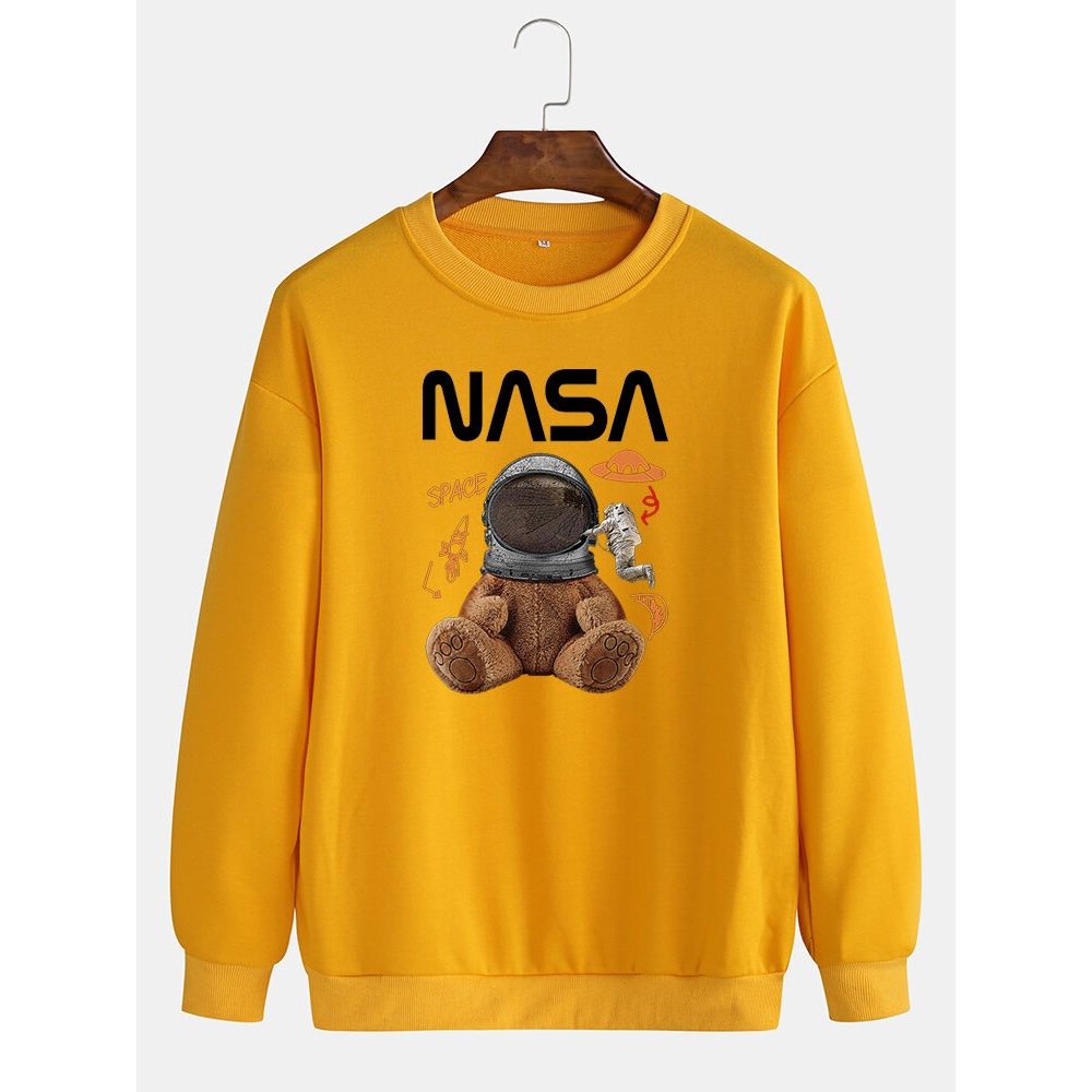 Mens Funny Doll Bear & Astronaut Print Pullover Drop Shoulder Sweatshirts - White S