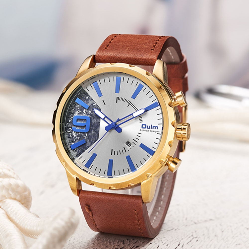 Oulm HP-3640 Men Casual Business Large Dial PU Leather Strap Calendar Quartz Watch - Coffee color - Image 2