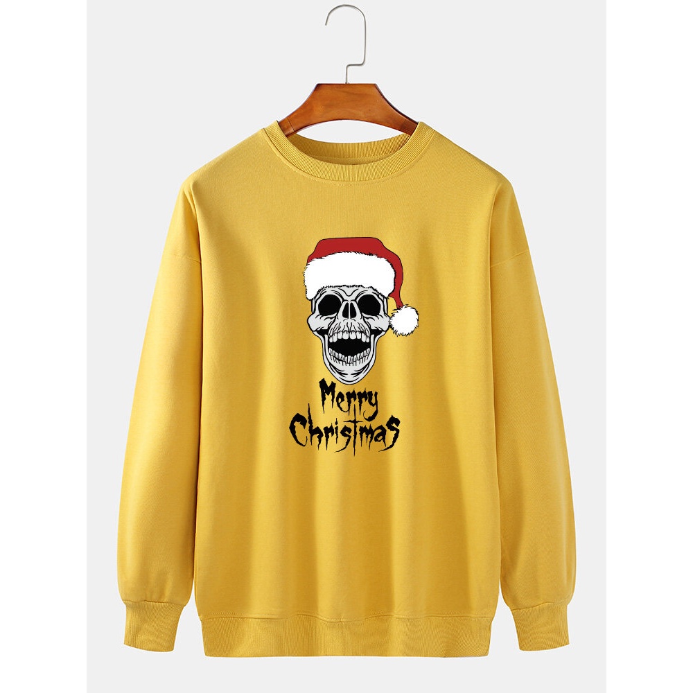 Mens  Skeleton Print 100% Cotton Crew Neck Casual Daily Pullover Sweatshirt - Black L