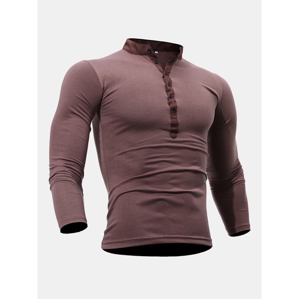 Mens Cotton Stand Collar T-shirts Buttons Breathable Long Sleeve Solid Color Tops - XL Light Gray