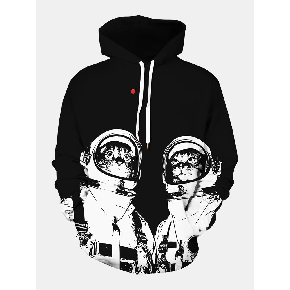 Mens 3D Funny Astronaut Stars Print Loose Kangaroo Pocket Drawstring Hoodies - Black XL