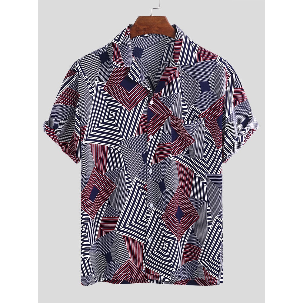 Mens Fashion Square Printing Casual Shirts - XL Navy