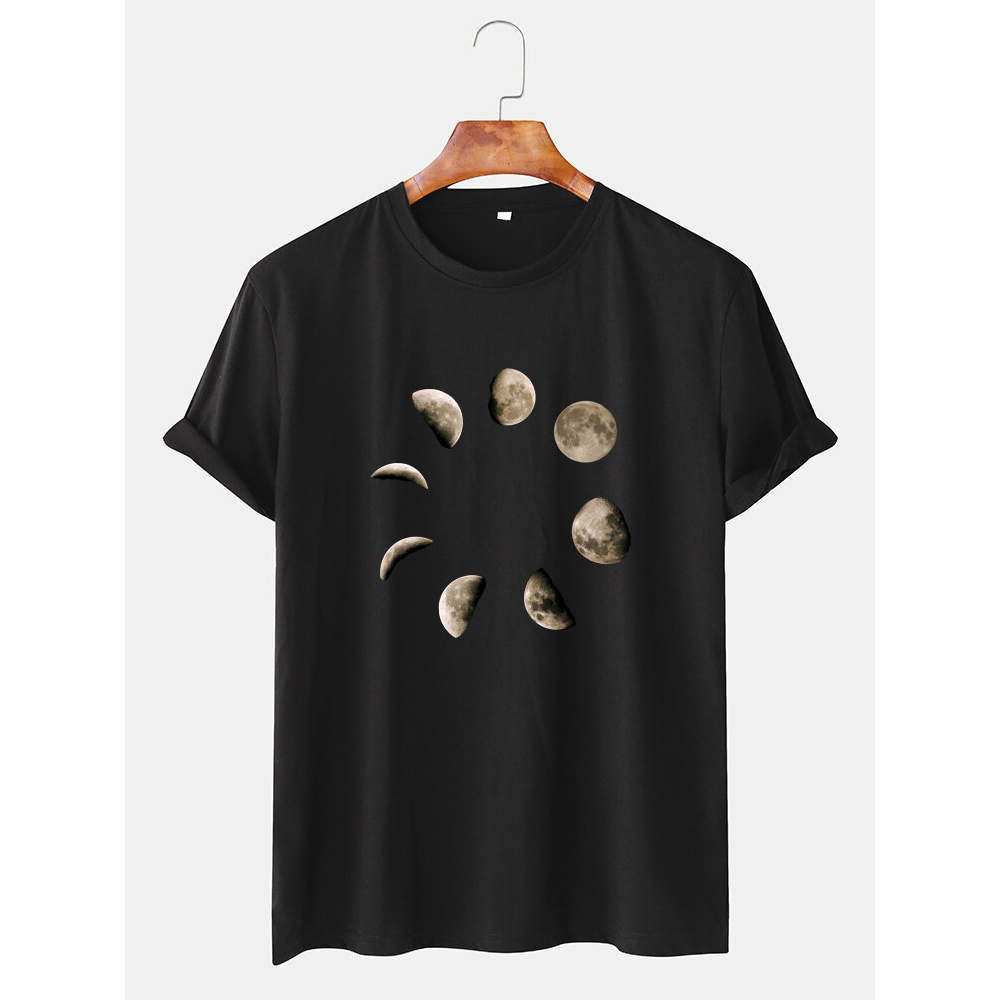 Mens Cotton Breathable Moon Pattern Round Neck Short Sleeve T-Shirts - Dark Blue XL