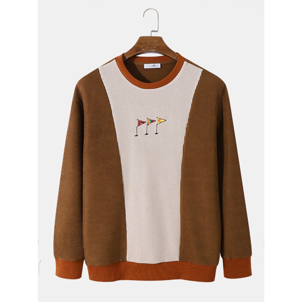 Mens Embroidery Flag Pattern Splicing Khaki Sweatshirt - Brown S