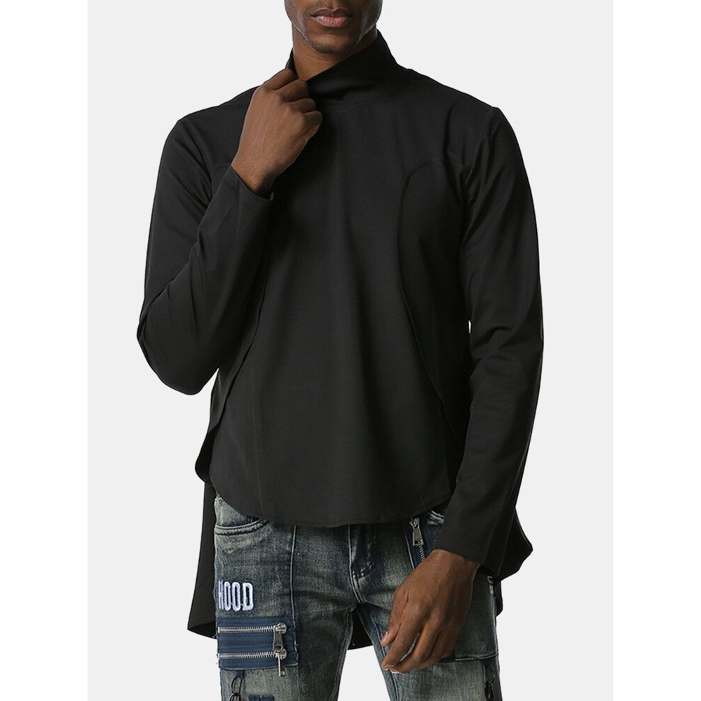Mens Black Patchwork High Neck Long Sleeve High-low Hem Simple T-Shirts - Black M
