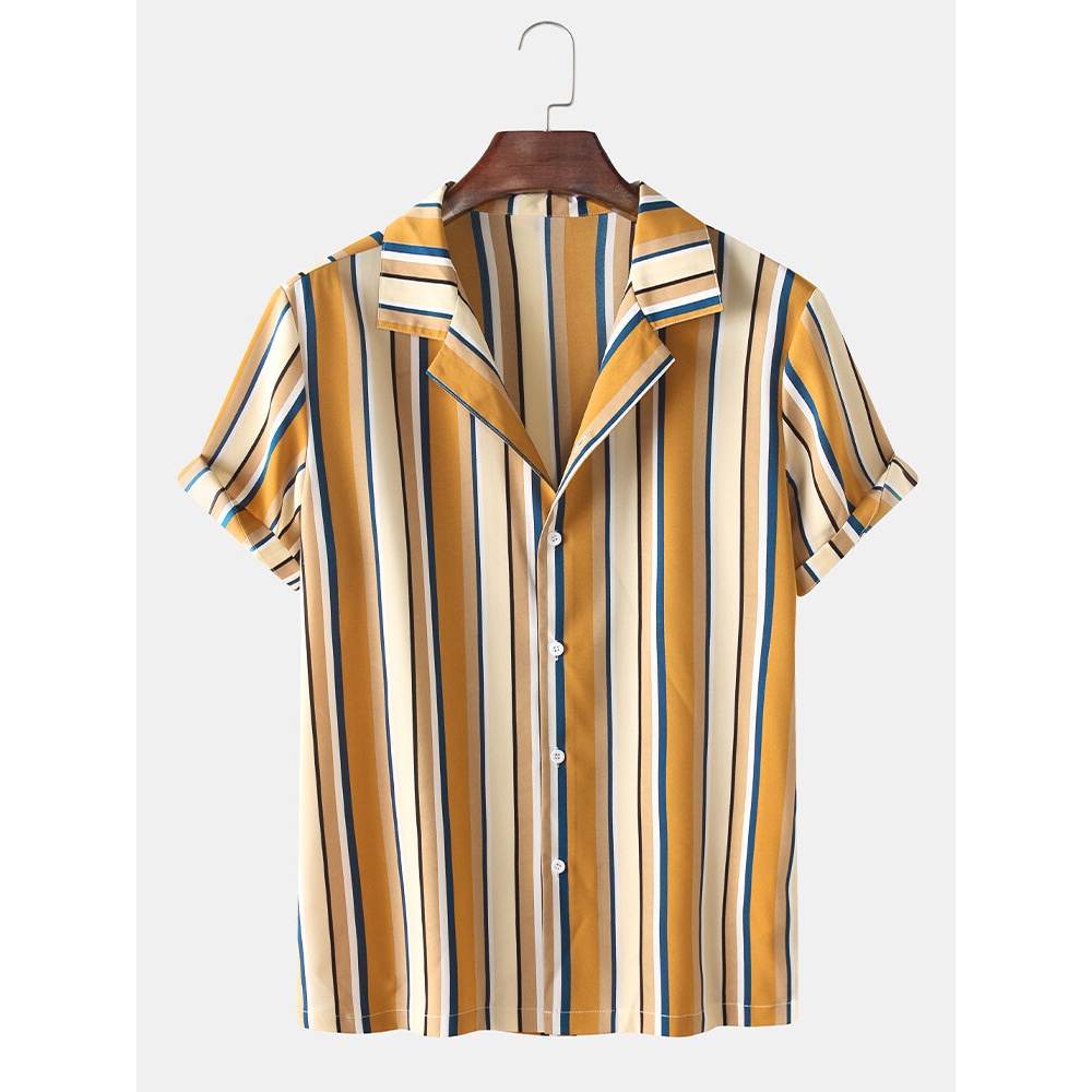 Mens Wide Srtiped Henley Collar Short Sleeve Shirts - Black M