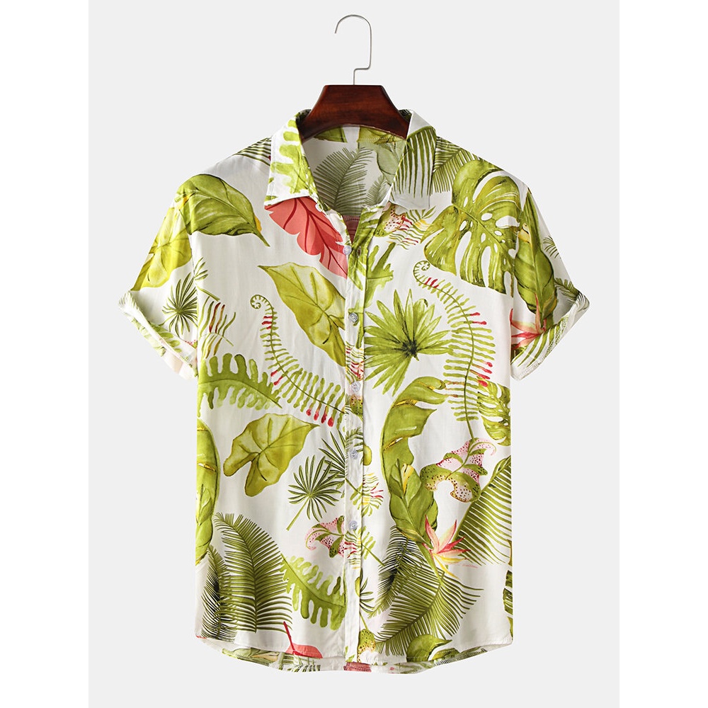 Jay Chou Mojito Same Style Cotton Tropical Leaves Print Breathable Short Sleeve Holiday Shirts - White L