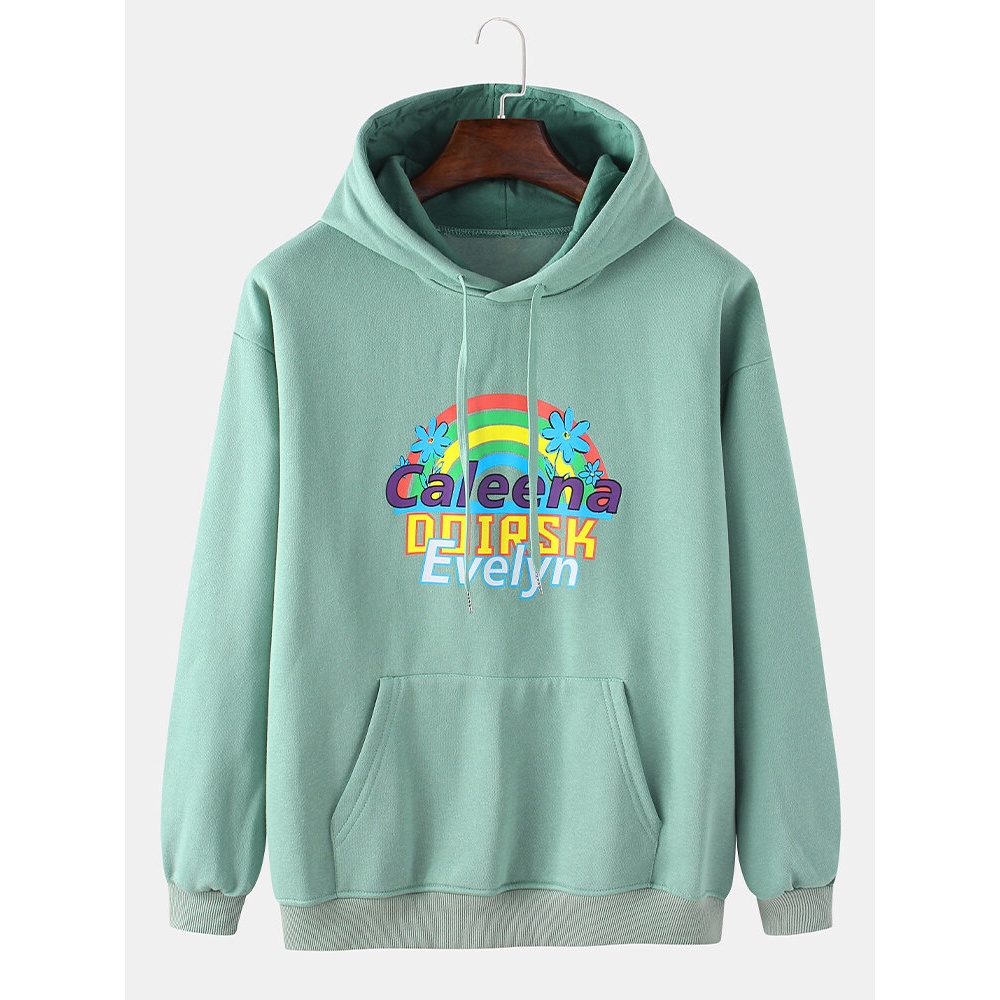 Mens Cartoon Rainbow Letter Print Hoodies With Kangaroo Pocket - Black S