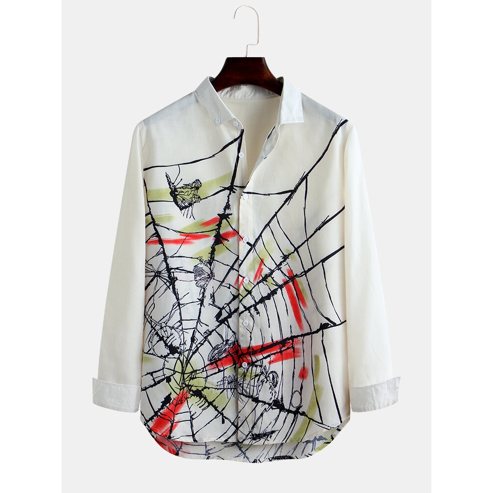 Men Colorful Spider Web Long Sleeve Shirts - M Green