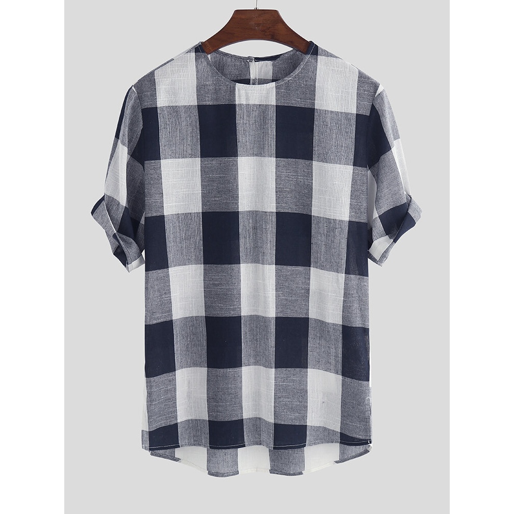 Mens Plaid Design Classic Breathable Loose T-Shirts - L Light Blue
