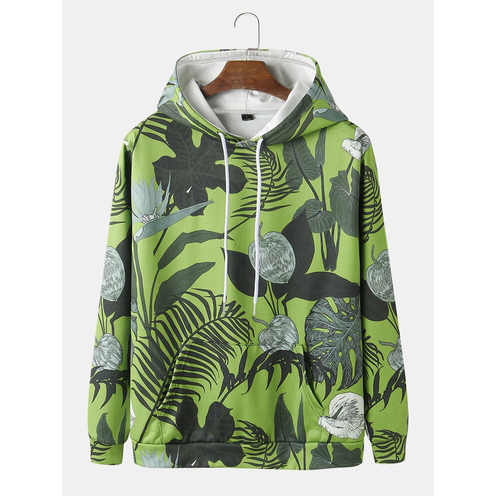 Mens All Over Tropical Plant Print Drawstring Hoodies With Kangaroo Pocket - Green S